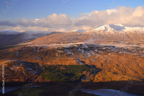 Winter view from the summit of Ben More mountain in the Breadalbane region of the southern Scottish Highlands, near Crianlarich, Scotland, United Kingdom