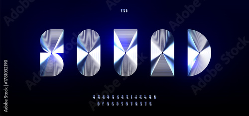 Metallic chrome font logo alphabet glossy chromatic heavy typography, holographic gradient label letters for sound music festive title text, space futuristic headline, party branding. Vector typeset