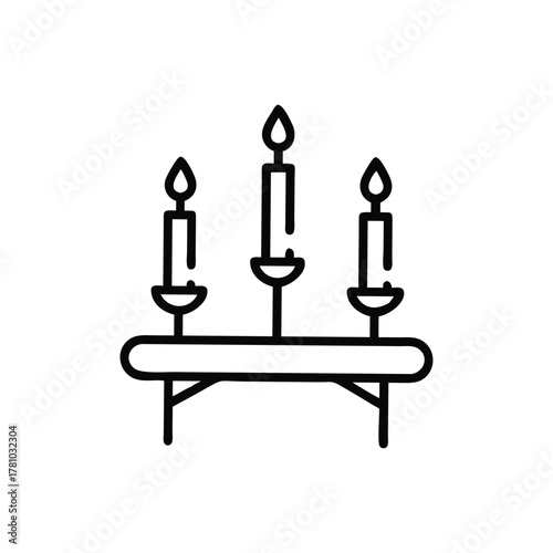 3 lit candles stand on a black outline candelabra centered