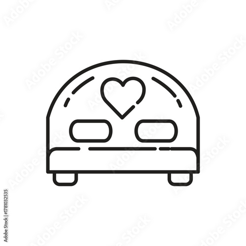 A bed illustration showing a heart two pillows and rounded headboard