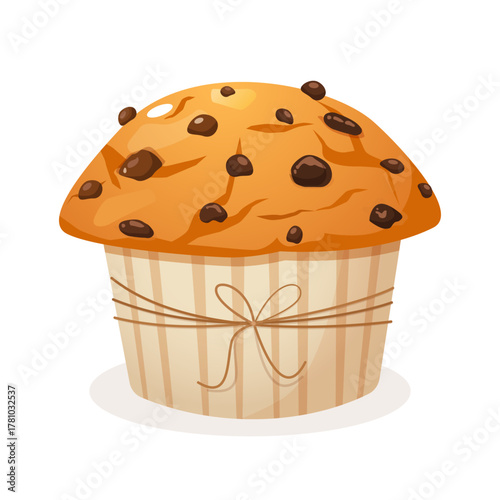 Vector illustration of a delicious muffin topped with chocolate chips and tied with a cute decorative bow, isolated on a white background. 