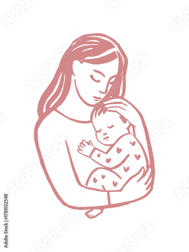 Mother holding sleeping baby, minimal line sketch vector illustration