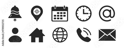 Minimal UI icon set, solid vector glyph collection with bell notification, location pin, calendar, clock, at sign, user, home, globe, phone and mail for web and app design