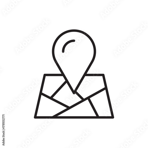 A black and white icon of a map pinpoint on a simplified map with angular divisions