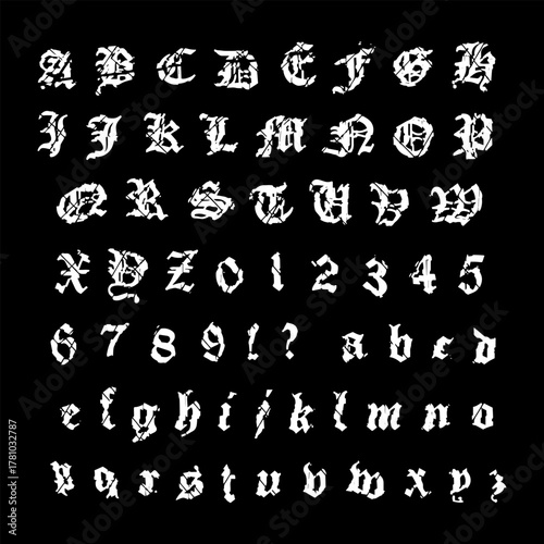 A complete Gothic-style blackletter font set featuring uppercase and lowercase letters A–Z, numbers 0–9, and punctuation marks.