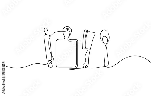 Continuous one line drawing of Whisk and rolling pin kitchen utensils vector design. Isolated on transparent background