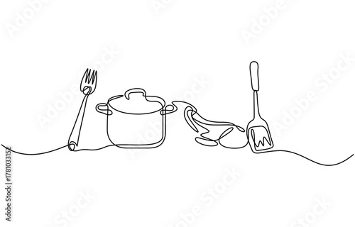 Continuous one line drawing of Whisk and rolling pin kitchen utensils vector design. Isolated on transparent background