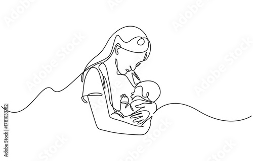 Continuous one line drawing of Mother breastfeeding baby vector illustration. Editable outline