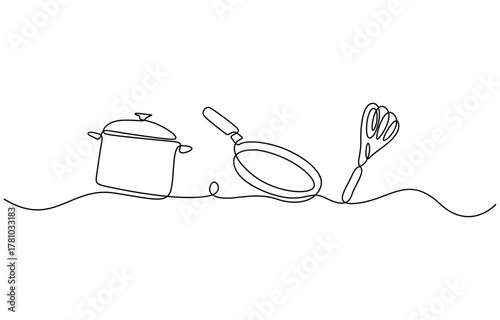 Continuous one line drawing of Whisk and rolling pin kitchen utensils vector design. Isolated on transparent background