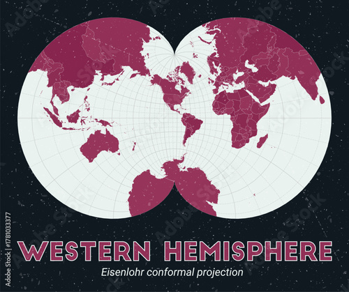 Western Hemisphere. World map. Eisenlohr conformal projection centered to Western Hemisphere. Pale Mint Dark Pink palette. Vintage texture. Trending vector illustration.