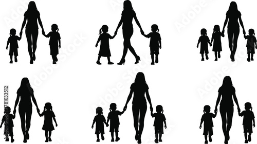 Mother with daughters, holding hands, family bond, caregiving moment, silhouette figures, walking together, love, support, flat vector illustration