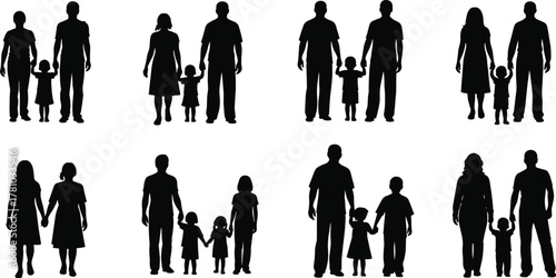 Multiple family silhouettes, diverse groupings, parents and children, black vector art, flat design, isolated figures, white background, unity, care, love