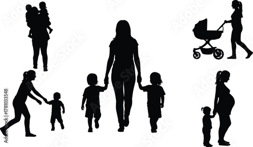 Motherhood moments, women and children, family care, parenting scene, nurturing bond, silhouette figures, love, support, flat vector illustration