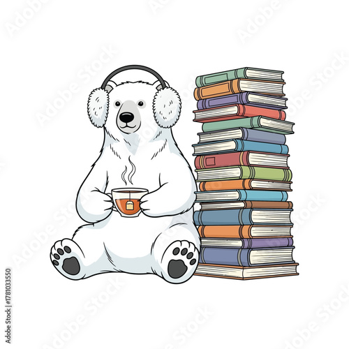 Polar bear with headphones enjoying tea and books