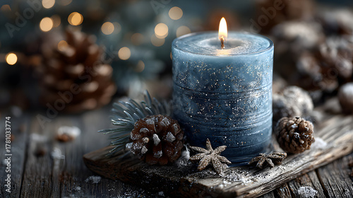 blue Christmas candle on rustic wooden boards - Decoration with natural elements, twigs, pine cones and cookies - First Advent Sunday , Advent banner, panorama with magic bokeh lihgts- generative AI