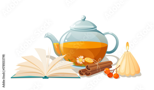 Vector still life illustration featuring a glass teapot filled with herbal tea, an open book, cinnamon sticks, berries, and a burning candle. Cozy and warm composition perfect for autumn, relaxation