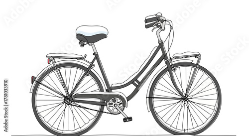 A classic bicycle covered in snow. Minimalist line art drawing of winter transport. Seasonal cycling graphic isolated on white background