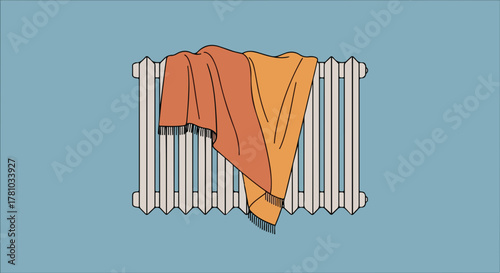 Blankets warming on a classic radiator. Minimalist flat design representing a cozy home in winter. Heating and energy concept graphic