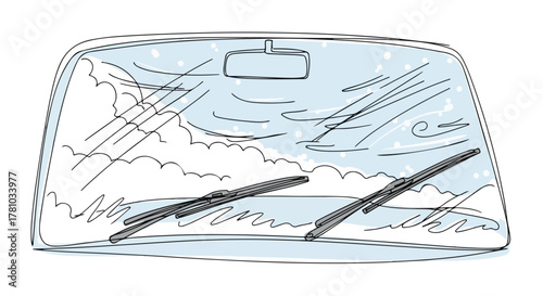 A line art drawing of a blizzard view through a car windshield. Winter storm and snowy weather concept. Hand-drawn sketch of driving in poor visibility conditions
