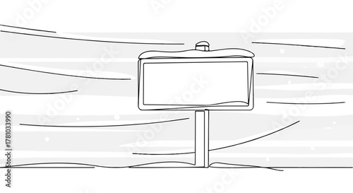 Minimalist line art of a blank road sign in a winter snowstorm. Continuous single line drawing of a snowy blizzard scene with copy space