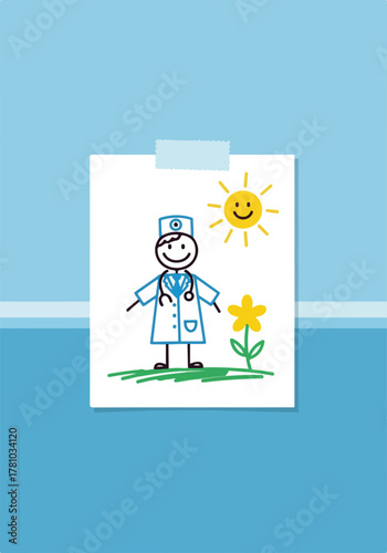 Child's drawing of a doctor taped to a wall. Healthcare and pediatric medicine concept. Simple hand-drawn doodle for a greeting card