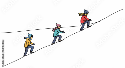 Children climbing a snowy hill in winter. Hand-drawn cartoon of kids playing outdoors. Simple seasonal graphic