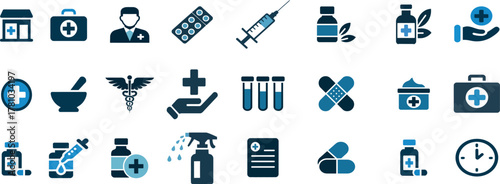 Collection of medical and healthcare icons in blue and black