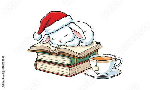 Sleeping bunny on books with tea, enjoying a peaceful winter day