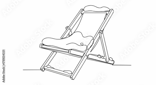 Deck chair with snow in a single continuous line drawing. Minimalist winter and off-season concept. Simple outline sketch of beach furniture