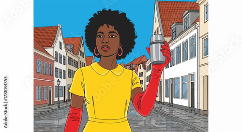 A stylish Black woman in a retro pop art style. Fashion character wearing a yellow dress and red gloves on a European cobblestone street.