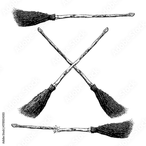 flying broomstick, depicted in a vintage sketch style. The artwork captures a magical and mystical atmosphere, perfect for fantasy themes, witchcraft design, or Halloween decorations.