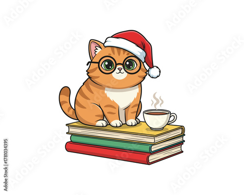 Cute cat wearing a santa hat sitting on books with a cup of coffee