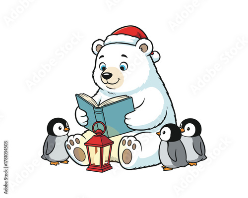 Polar bear reading a book to penguins wearing a santa hat