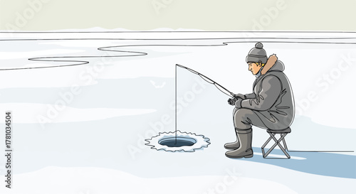 A man ice fishing on a frozen lake. Winter outdoor hobby line art drawing. Fisherman sitting on a stool in a snowy landscape