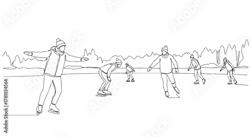 A group of people ice skating in a park. Continuous one line drawing of a winter scene. Minimalist outdoor activity graphic