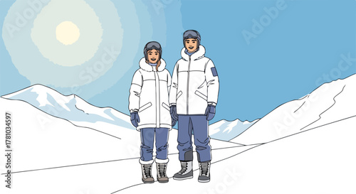 A happy couple in winter clothes on a snowy mountain slope. Cartoon characters enjoying a ski vacation. Outdoor adventure and travel concept graphic