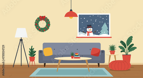 Cozy Living Room with Christmas Decorations and Snowman View.