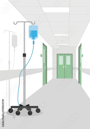 Vertical illustration of a hospital hallway with an IV drip stand. Medical treatment and healthcare concept. Flat design background