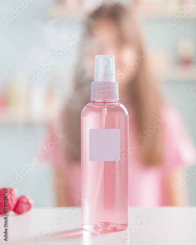 Minimalist, unbranded spray bottle containing a sweet vanilla cosmetic liquid, isolated with vibrant pastel lighting and shallow depth of field.