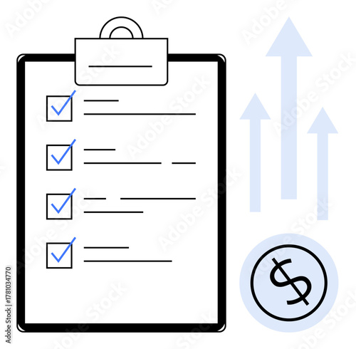 Business checklist with completed tasks, upward arrows symbolizing growth, and a dollar icon for financial focus. Ideal for productivity, planning, goals, finance, business, achievements economic