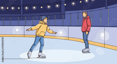 A couple ice skating at an indoor rink. Modern continuous line art of a winter sport activity. People enjoying a fun date on the ice