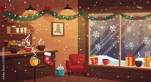 Cozy Christmas cafe interior with steaming hot drinks and snowy window view.
