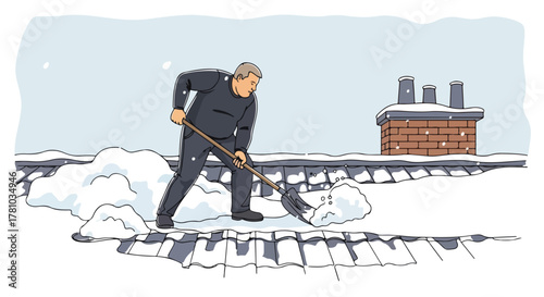 A man shoveling deep snow from a house rooftop. Winter home maintenance and snow removal concept. Cartoon graphic of a person clearing a roof after a snowstorm