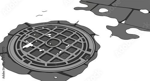 Urban manhole cover with snow in a graphic style. Winter street scene with cobblestone pavement. Grayscale vector drawing isolated on white background