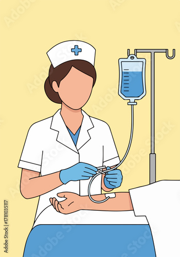 Vertical graphic of a nurse administering an IV drip. Medical and healthcare treatment concept. Flat design