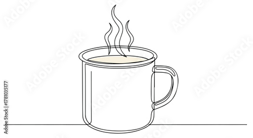 A continuous one-line drawing of a steaming enamel mug. Minimalist sketch of a hot coffee or tea cup. Cozy winter beverage icon for a cafe menu or logo design