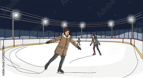 Happy people ice skating on an outdoor rink at night. Winter season recreation and holiday fun. Hand-drawn cartoon scene
