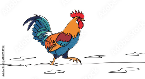 A colorful rooster drawn in a continuous one-line art style. Modern minimalist farm animal graphic. Stylized cockerel symbol isolated on a white background