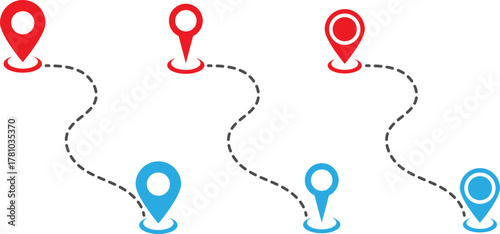 Three red and blue location pins connected by dashed lines