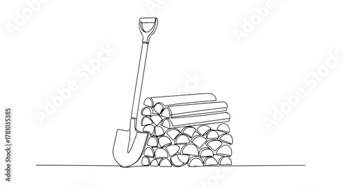 Shovel and firewood stack in a continuous one-line drawing. Minimalist outline icon for winter and camping. Simple hand-drawn graphic element